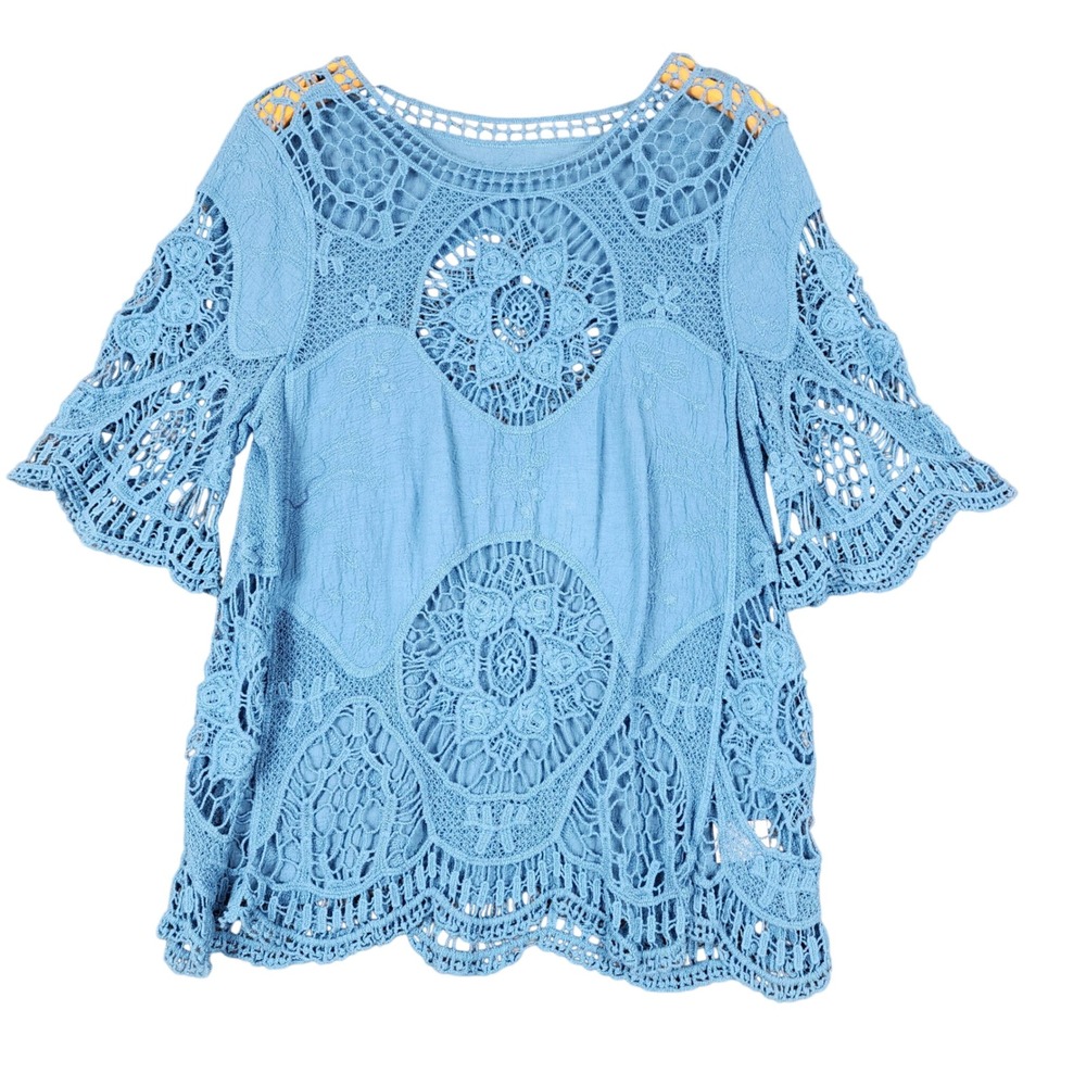 Miracle Blue Crochet Lace Embroidered Cotton‎ Boho Top 6D800M71903 Womens